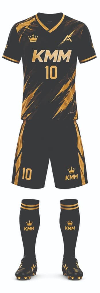 Black and gold KMM football kit with jersey, shorts, socks, and cleats